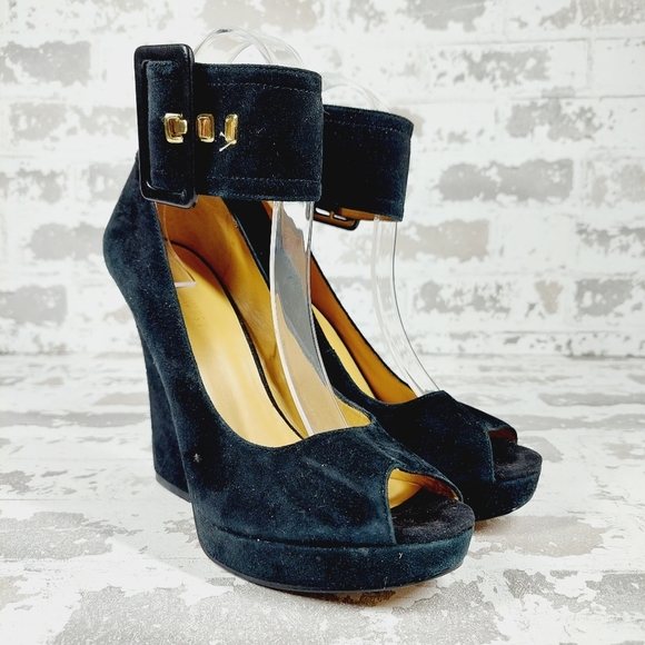 Nine West Ivorie Navy Blue Ankle Strap Buckle OpenToe Platform Chunky Heels i635 - Picture 4 of 12